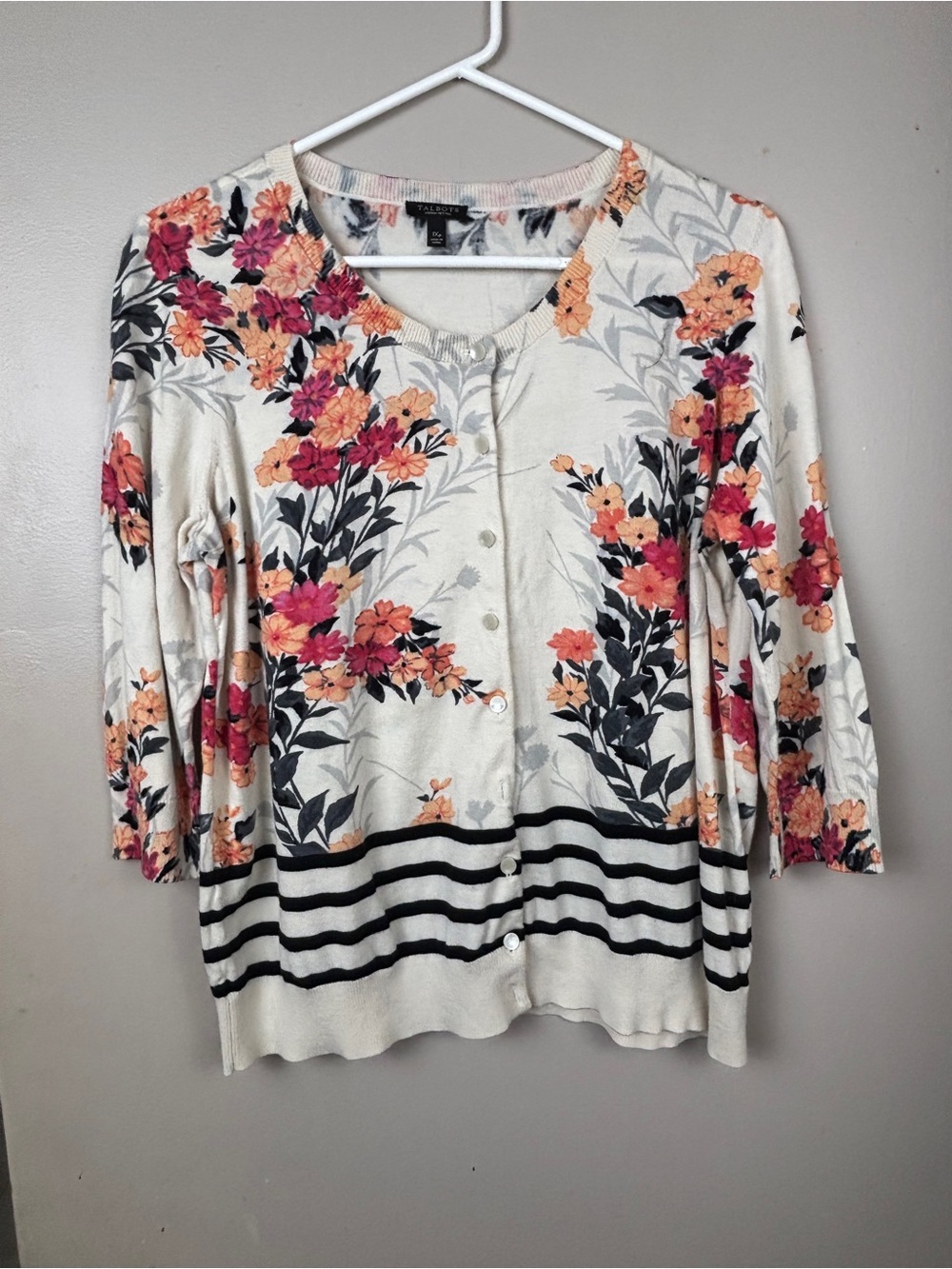 Talbots Cream Floral Button-Front Cardigan with Pink, Orange & Navy Accents